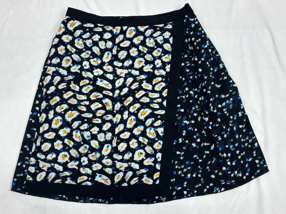 J.Crew Faux Wrap Pleated A-Line Skirt Black Blue White Graphic Mixed Print Sz 0